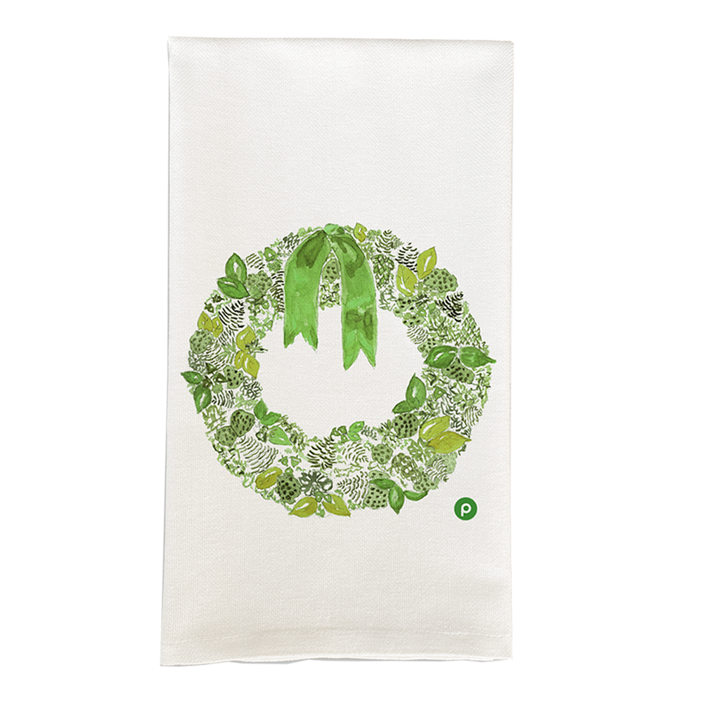 Green Wreath Print Dish Towel