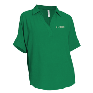 Ladies Woven Airflow Collared Green V-neck Short Sleeve Top