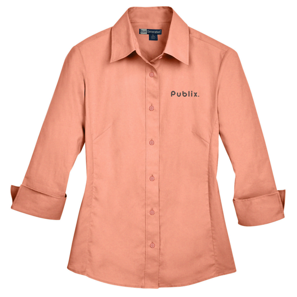 Blue Generation Ladies 3 4 Sleeve Stretch Poplin Shirt Salmon